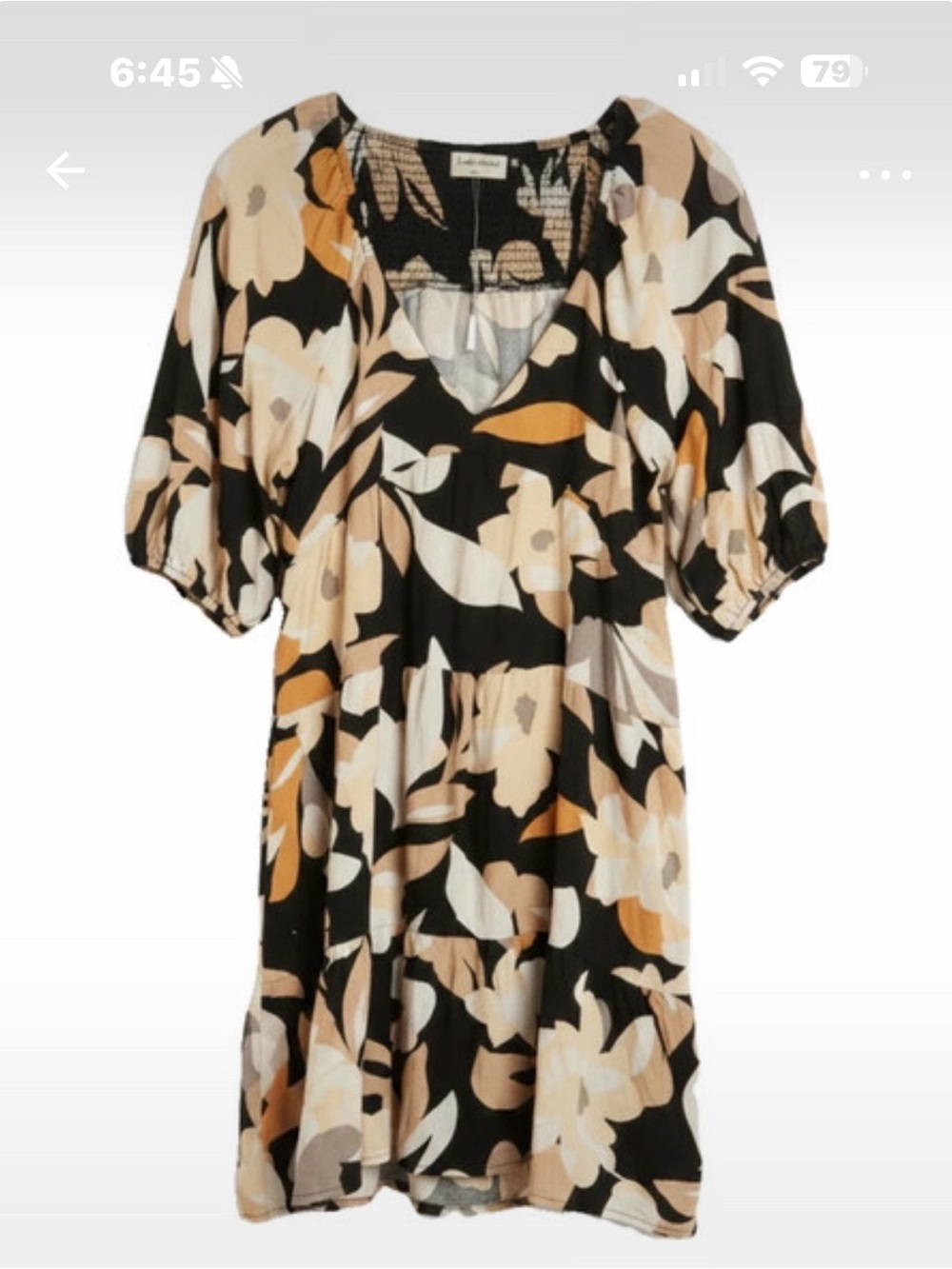 Black Floral Puff-Sleeve Midi Dress with Beige & Cream Print